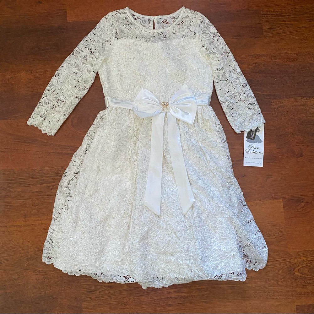 Girls White and Gold Lace Dress